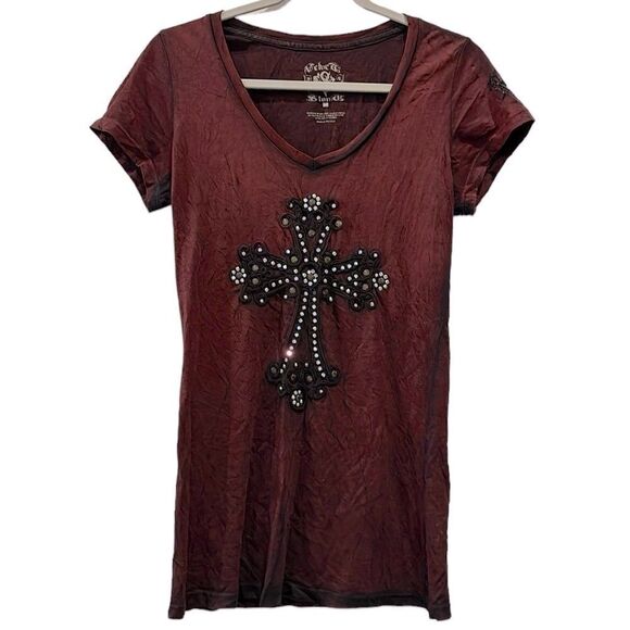 Velvet Stone Washed Cross Bling Rock Western Vneck T-shirt Medium - Picture 1 of 7